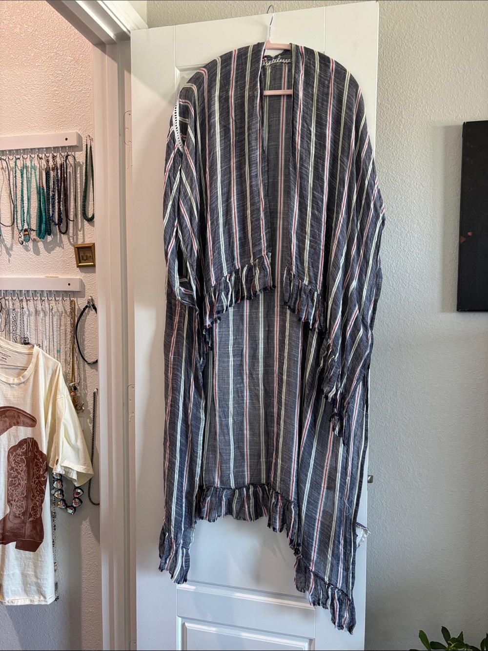 Boho Stripe Fringe Kimono - Unknown Brand - Navy, White & Pink